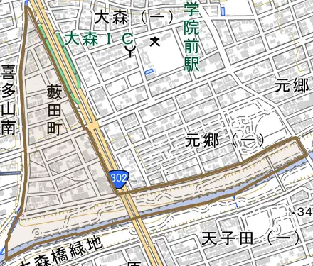 薮田町とその周辺の地図。町の範囲を重ねている