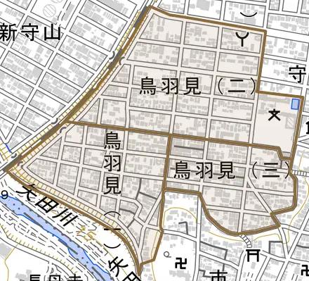 鳥羽見とその周辺の地図。町の範囲を重ねている
