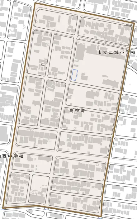 鳥神町とその周辺の地図。町の範囲を重ねている