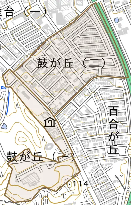 鼓が丘とその周辺の地図。町の範囲を重ねている