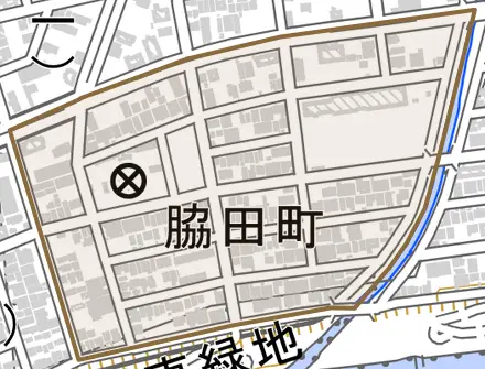 脇田町とその周辺の地図。町の範囲を重ねている
