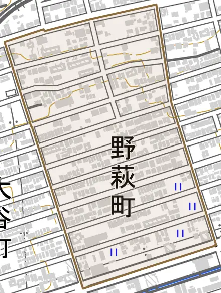 野萩町とその周辺の地図。町の範囲を重ねている