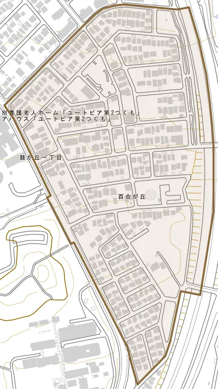 百合が丘とその周辺の地図。町の範囲を重ねている