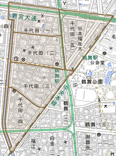 千代田とその周辺の地図。町の範囲を重ねている