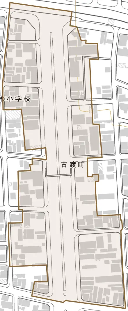 古渡町とその周辺の地図。町の範囲を重ねている
