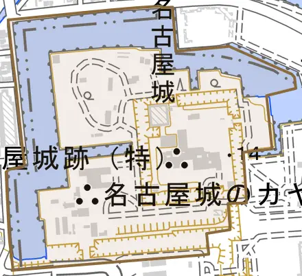 本丸とその周辺の地図。町の範囲を重ねている
