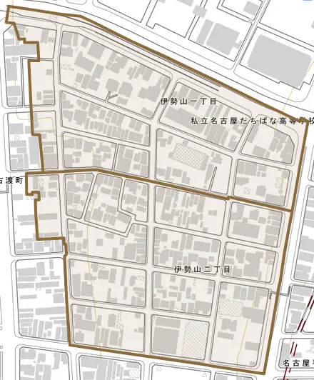 伊勢山とその周辺の地図。町の範囲を重ねている