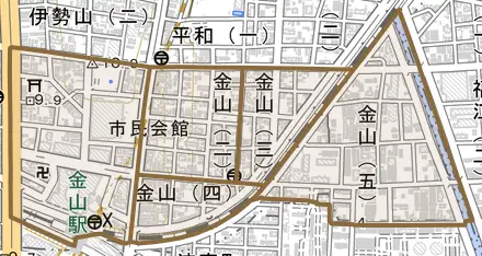 金山とその周辺の地図。町の範囲を重ねている