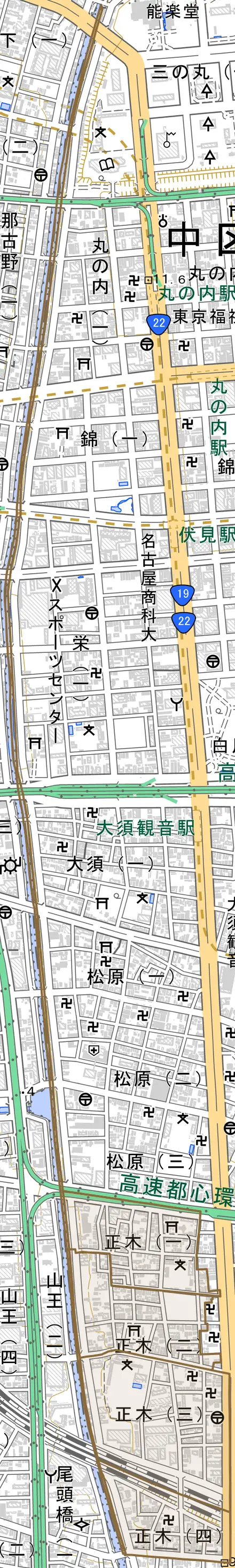 正木とその周辺の地図。町の範囲を重ねている