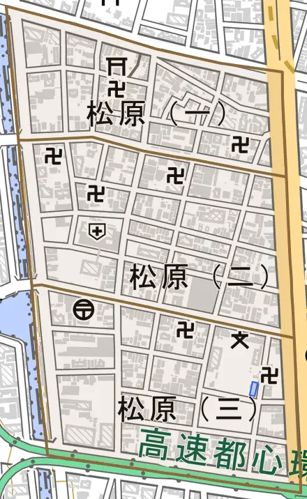 松原とその周辺の地図。町の範囲を重ねている