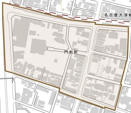門前町とその周辺の地図。町の範囲を重ねている