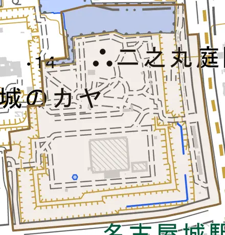 二の丸とその周辺の地図。町の範囲を重ねている