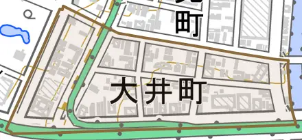 大井町とその周辺の地図。町の範囲を重ねている