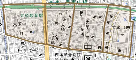 大須とその周辺の地図。町の範囲を重ねている