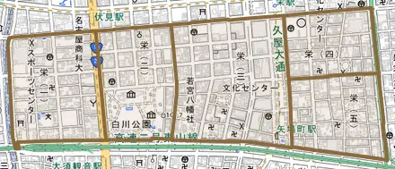 栄とその周辺の地図。町の範囲を重ねている