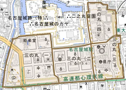 三の丸とその周辺の地図。町の範囲を重ねている