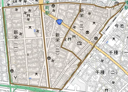 新栄とその周辺の地図。町の範囲を重ねている