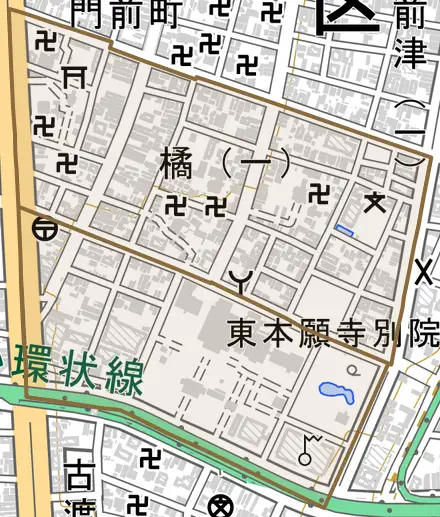 橘とその周辺の地図。町の範囲を重ねている