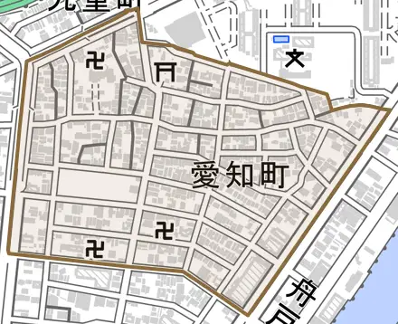 愛知町とその周辺の地図。町の範囲を重ねている