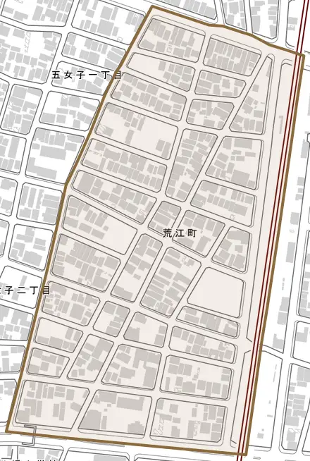 荒江町とその周辺の地図。町の範囲を重ねている