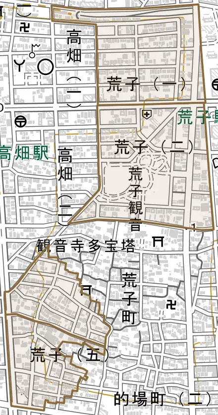 荒子とその周辺の地図。町の範囲を重ねている