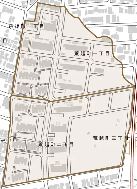 荒越町とその周辺の地図。町の範囲を重ねている