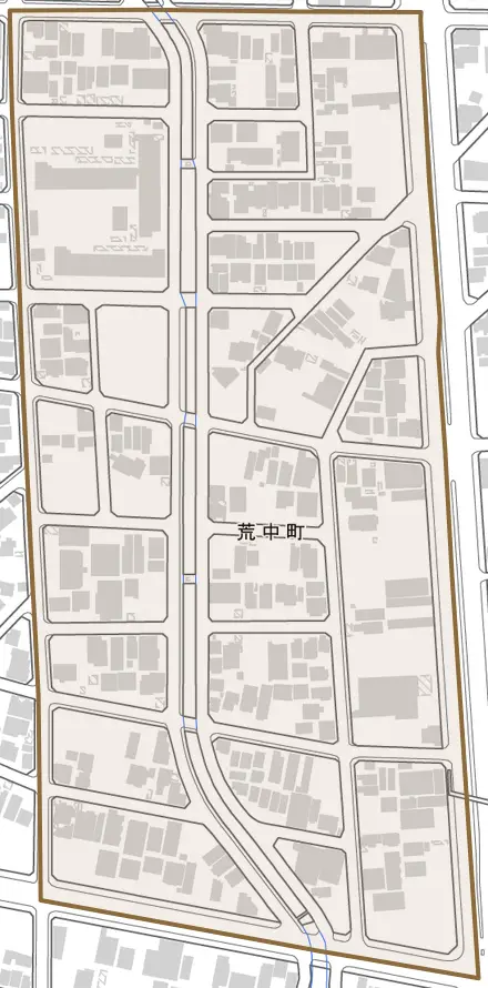 荒中町とその周辺の地図。町の範囲を重ねている