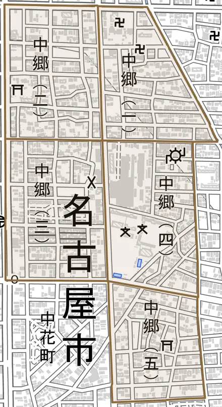 中郷とその周辺の地図。町の範囲を重ねている