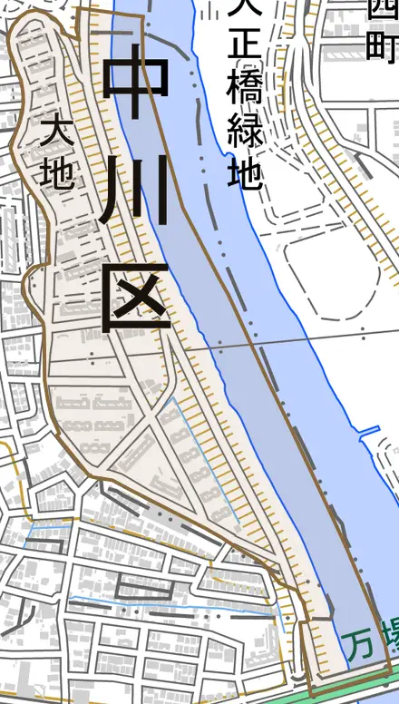 大地とその周辺の地図。町の範囲を重ねている