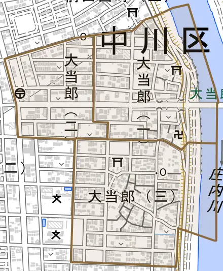 大当郎とその周辺の地図。町の範囲を重ねている