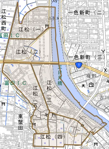 江松とその周辺の地図。町の範囲を重ねている
