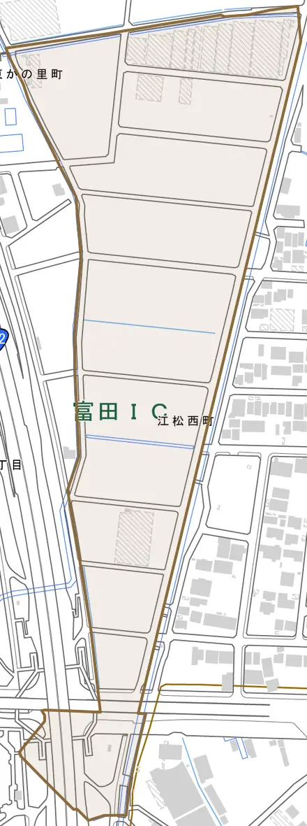 江松西町とその周辺の地図。町の範囲を重ねている