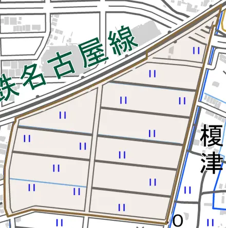 榎津西町とその周辺の地図。町の範囲を重ねている