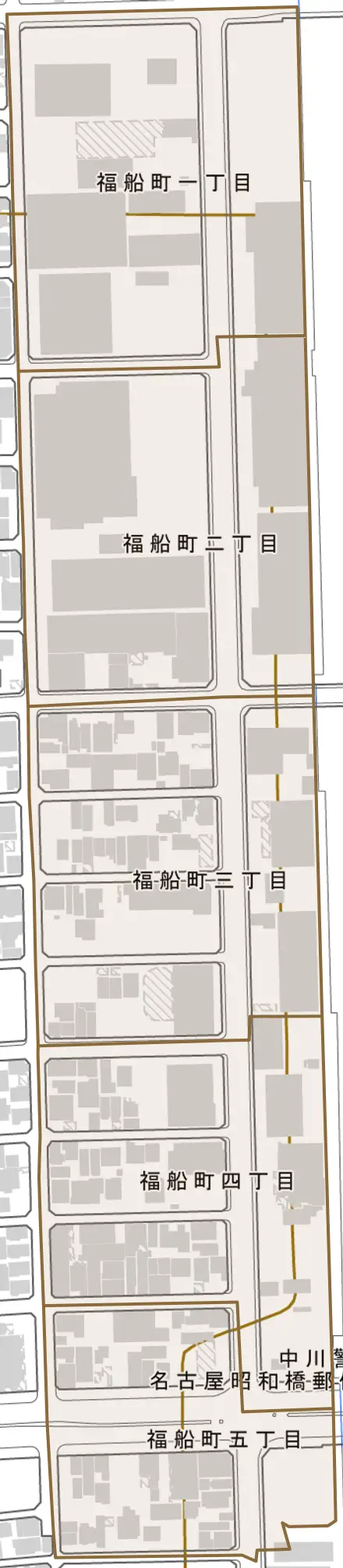 福船町とその周辺の地図。町の範囲を重ねている