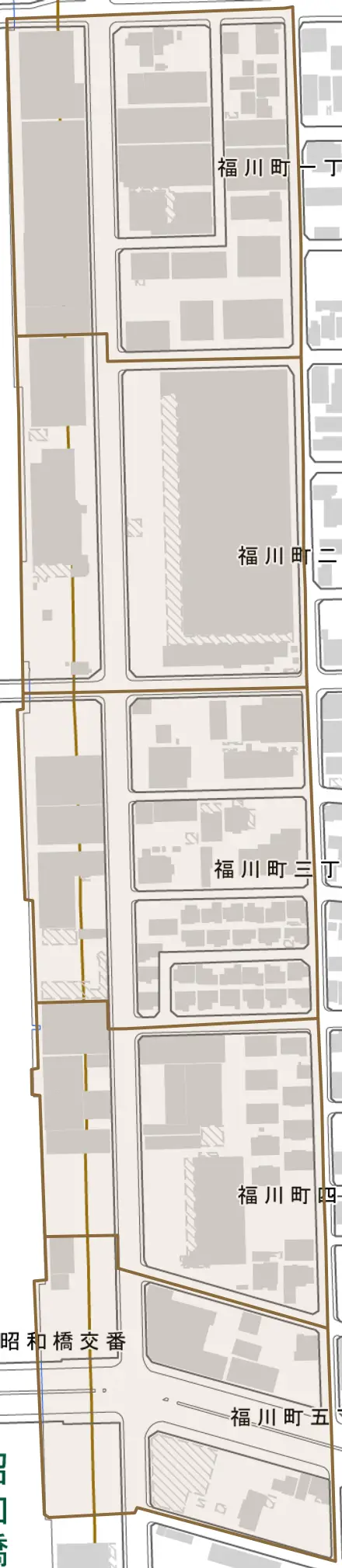 福川町とその周辺の地図。町の範囲を重ねている
