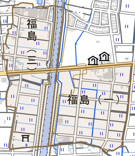 福島とその周辺の地図。町の範囲を重ねている