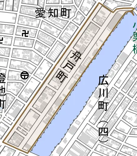舟戸町とその周辺の地図。町の範囲を重ねている