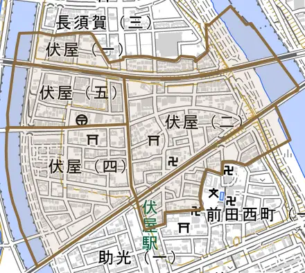 伏屋とその周辺の地図。町の範囲を重ねている