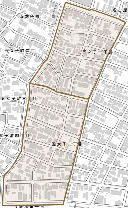 五女子とその周辺の地図。町の範囲を重ねている