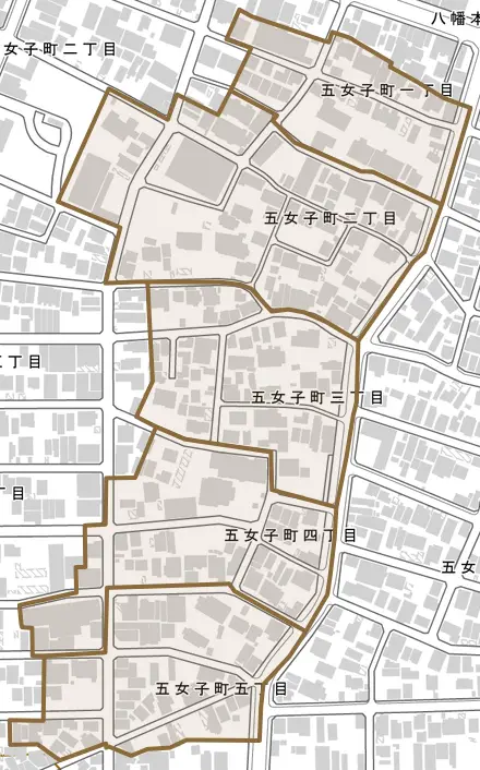 五女子町とその周辺の地図。町の範囲を重ねている