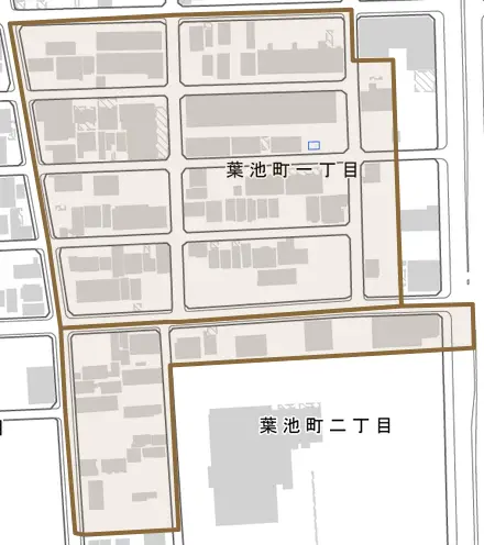 葉池町とその周辺の地図。町の範囲を重ねている