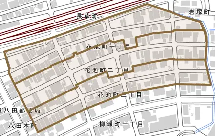 花池町とその周辺の地図。町の範囲を重ねている