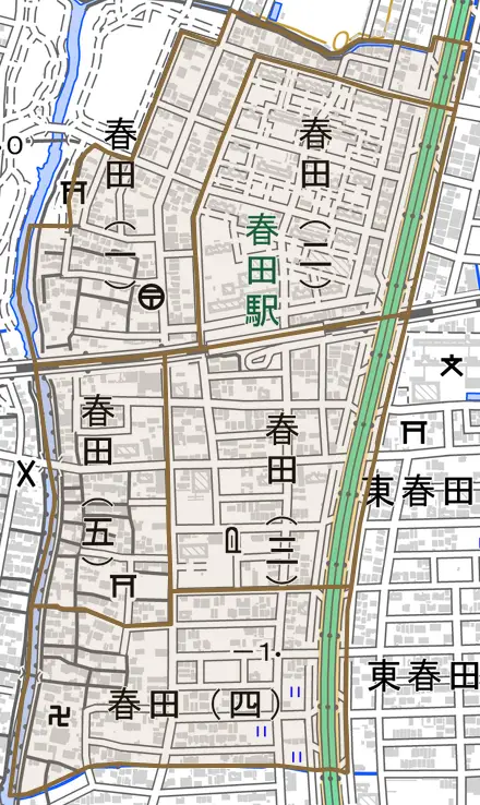 春田とその周辺の地図。町の範囲を重ねている