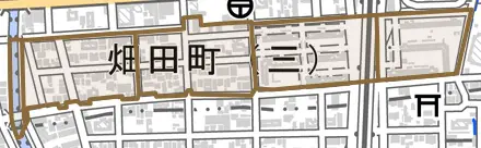 畑田町とその周辺の地図。町の範囲を重ねている