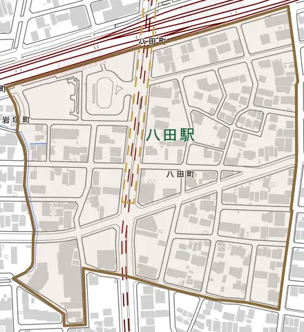 八田町とその周辺の地図。町の範囲を重ねている