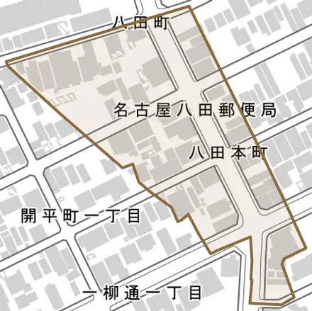 八田本町とその周辺の地図。町の範囲を重ねている