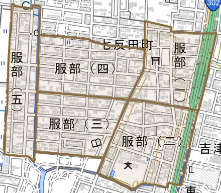 服部とその周辺の地図。町の範囲を重ねている