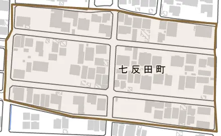 七反田町とその周辺の地図。町の範囲を重ねている