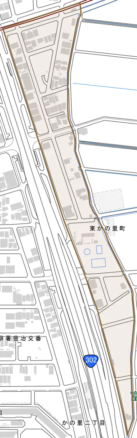 東かの里町とその周辺の地図。町の範囲を重ねている