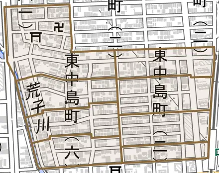 東中島町とその周辺の地図。町の範囲を重ねている